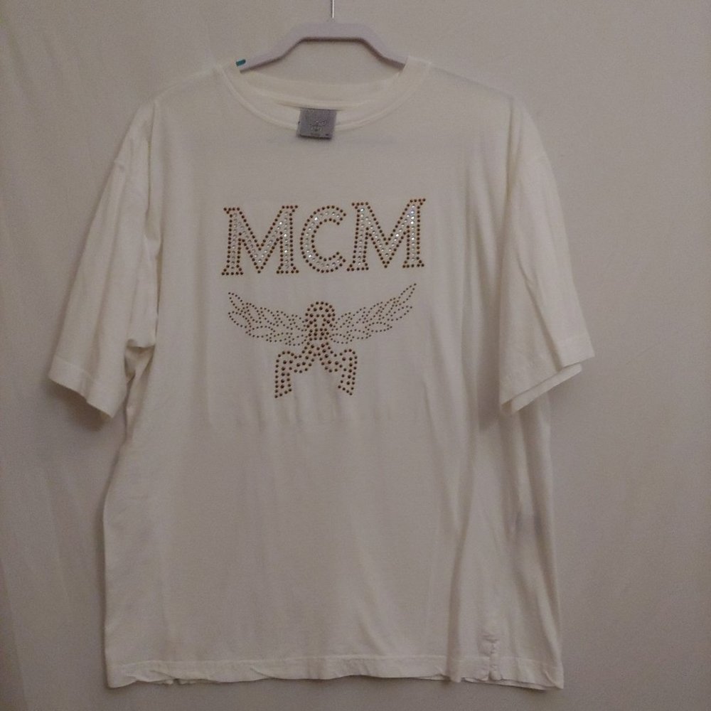 MCM White Short Sleeve Tee with Gold Stud Logo